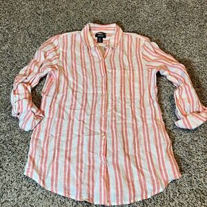 Jones & Co Linen Stripe Button Down Shirt Women Size S Red White Roll Tab Sleeve